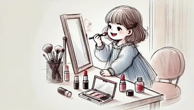 A small girl experimenting with makeup for the first time.