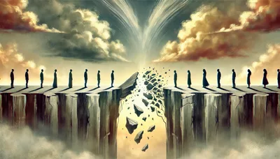 Silhouetted Figures Standing On Opposite Sides Of A Chasm