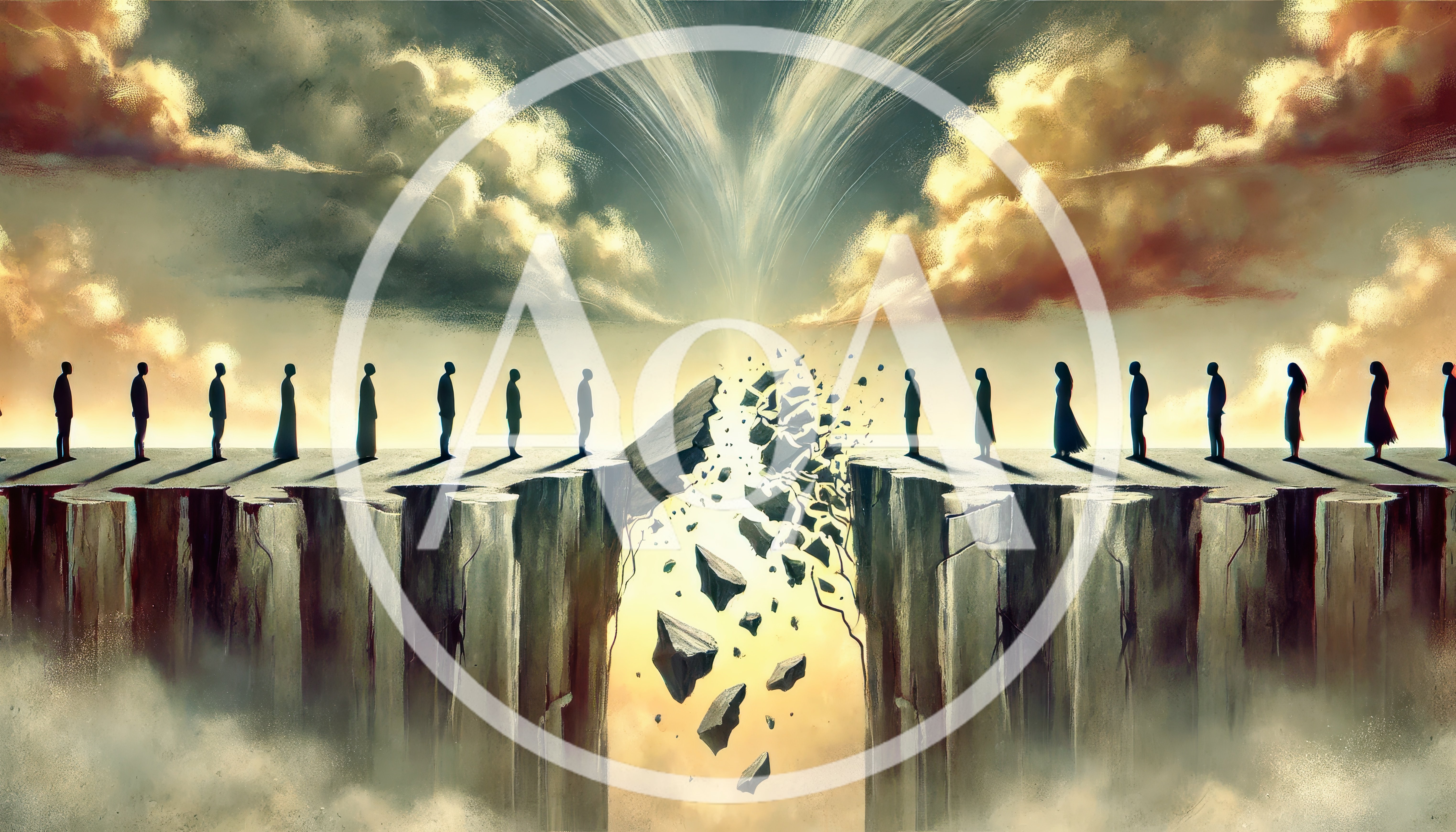 Silhouetted Figures Standing On Opposite Sides Of A Chasm