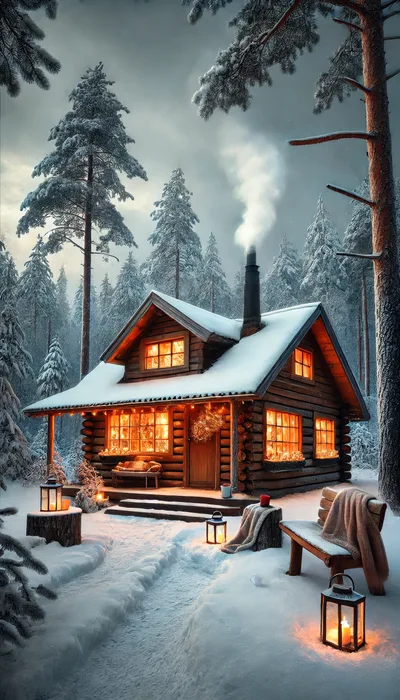 Cozy Log Cabin In Snowy Winter Forest
