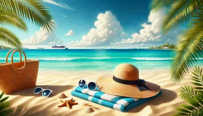 Summer Beach Vacation Essentials On Sandy Shore