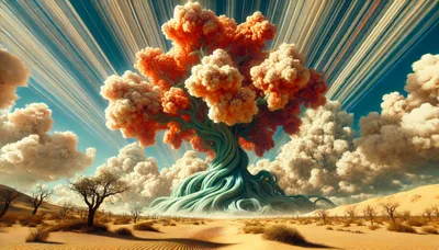Surreal Giant Tree With Orange Foliage In Desert Landscape