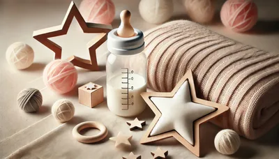 Baby Feeding Bottle With Knitted Blanket And Yarn Balls