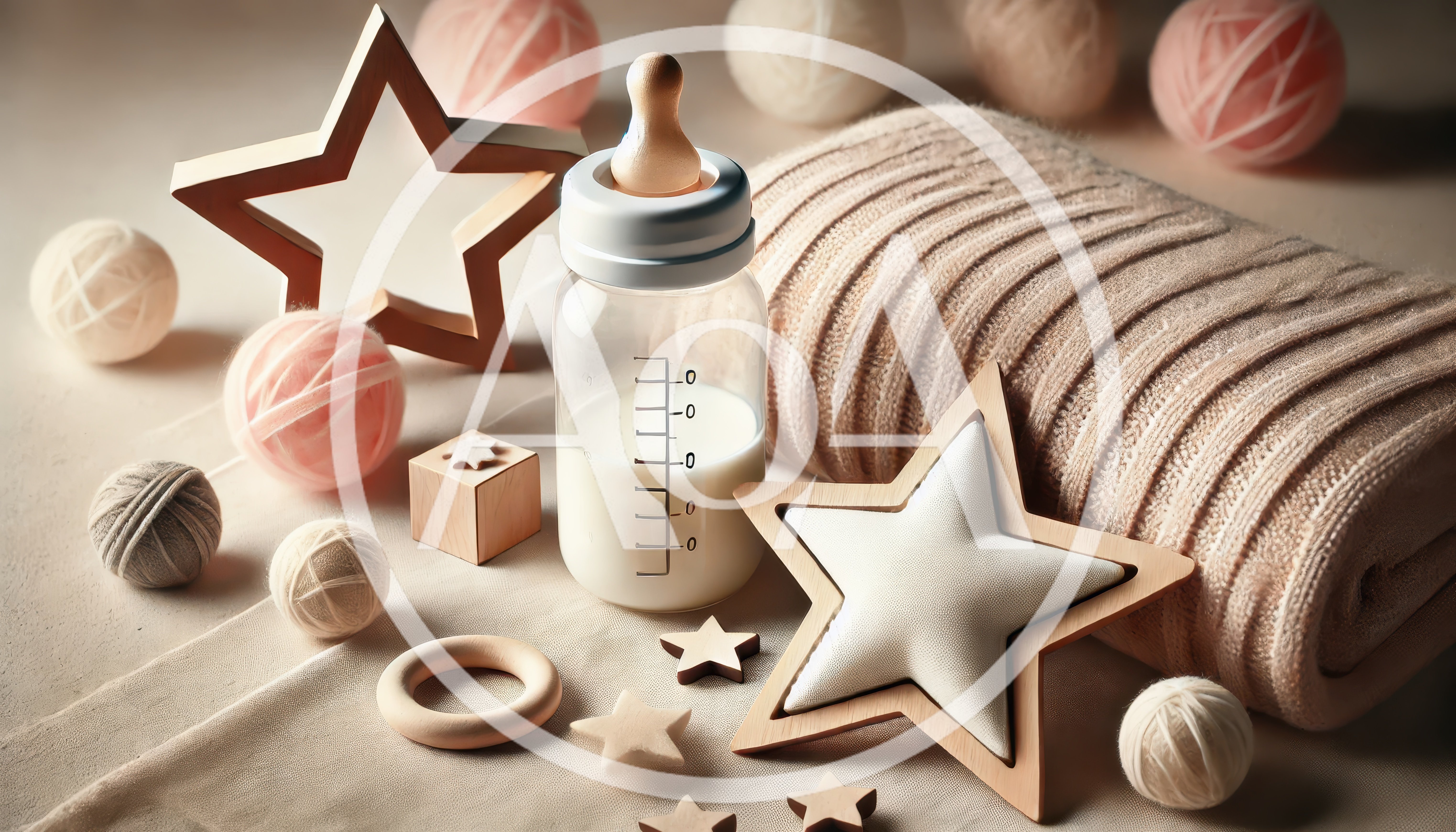 Baby Feeding Bottle With Knitted Blanket And Yarn Balls