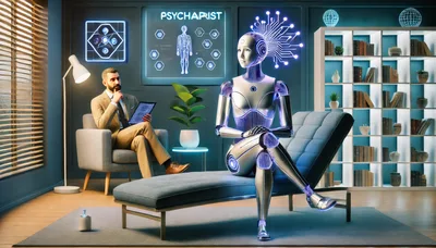Robot Patient Sitting on Couch During Psychiatric Session