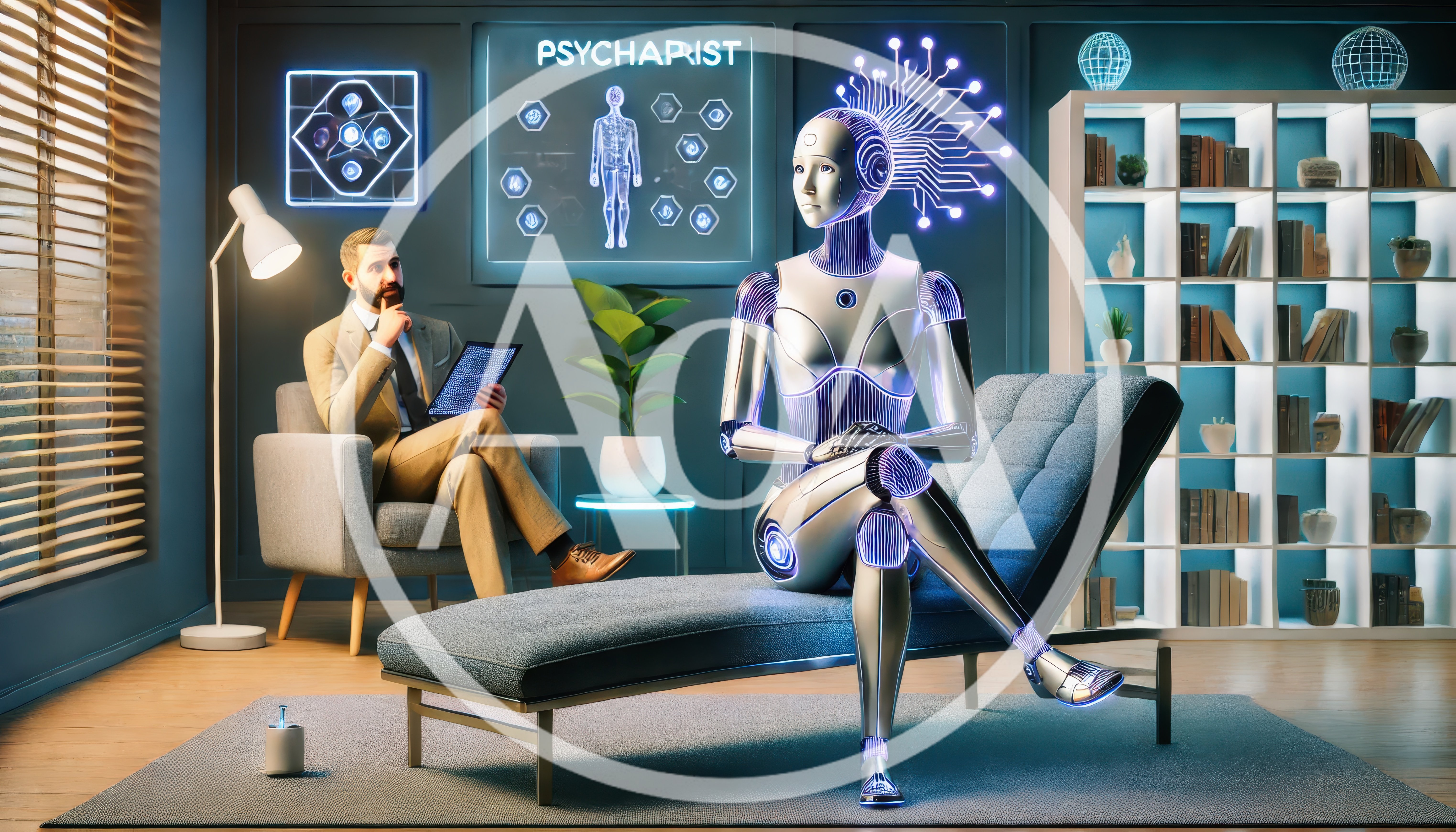 Robot Patient Sitting on Couch During Psychiatric Session