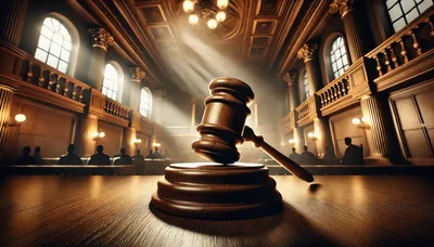 Wooden Gavel Resting On A Courtroom Bench
