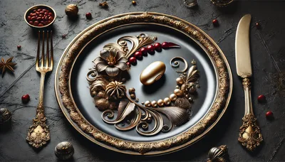 Ornate Gold Cutlery And Decorative Plate On Dark Surface
