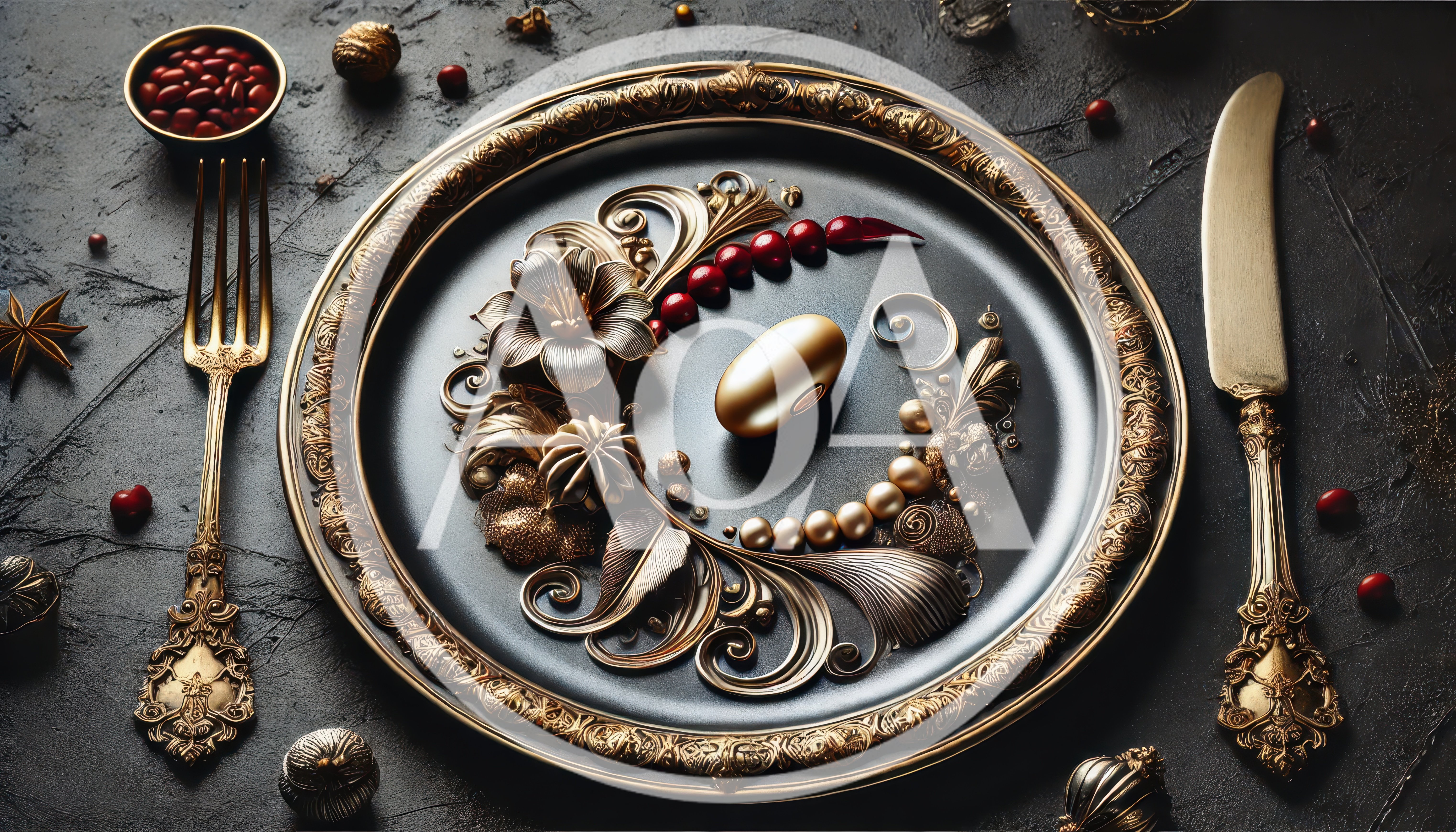 Ornate Gold Cutlery And Decorative Plate On Dark Surface