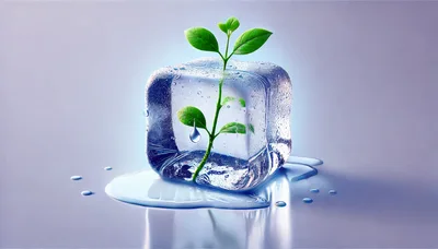 Green Plant Sprout Growing Inside A Melting Ice Cube