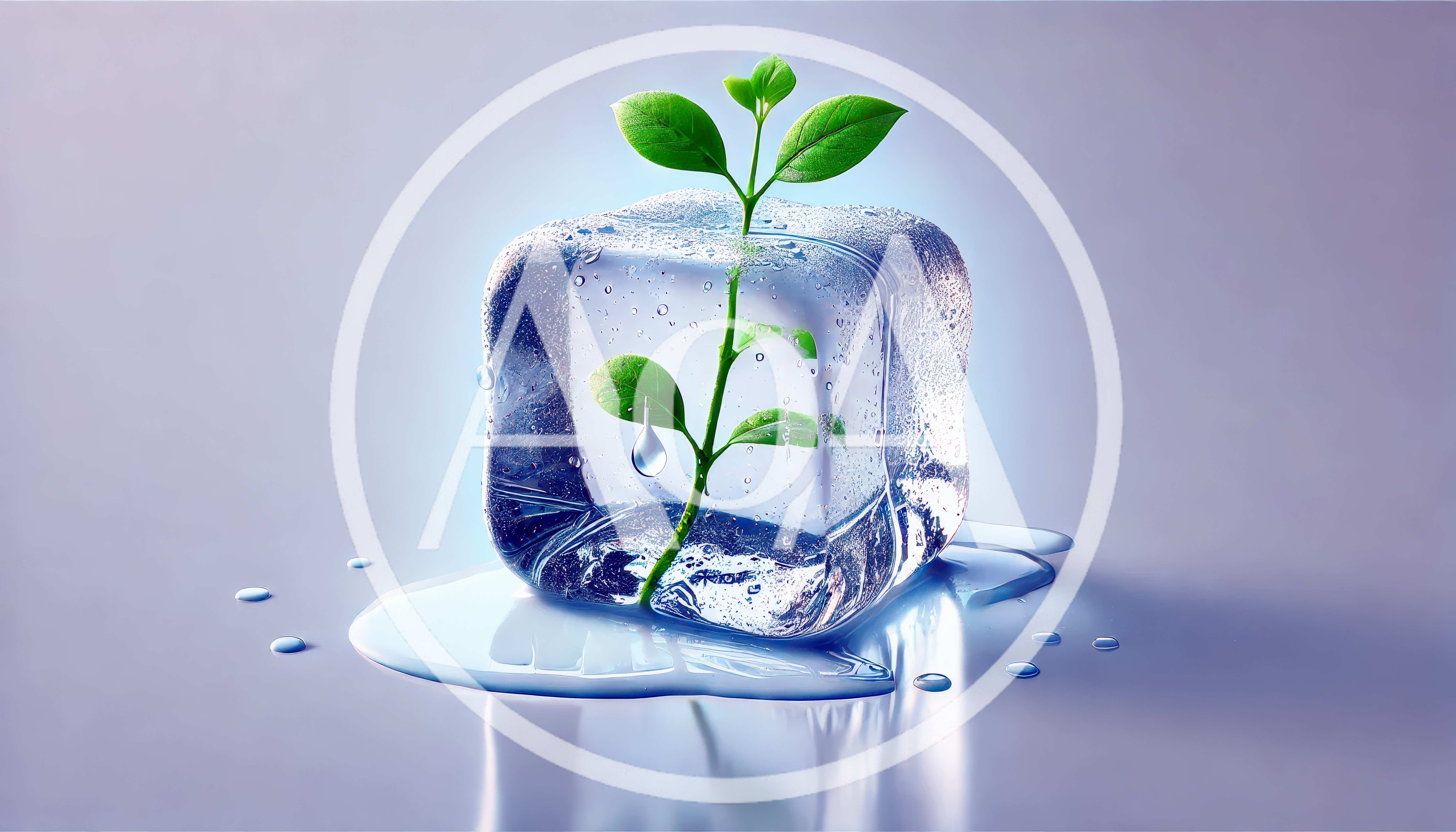 Green Plant Sprout Growing Inside A Melting Ice Cube