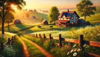 Idyllic Farmhouse Landscape at Golden Hour