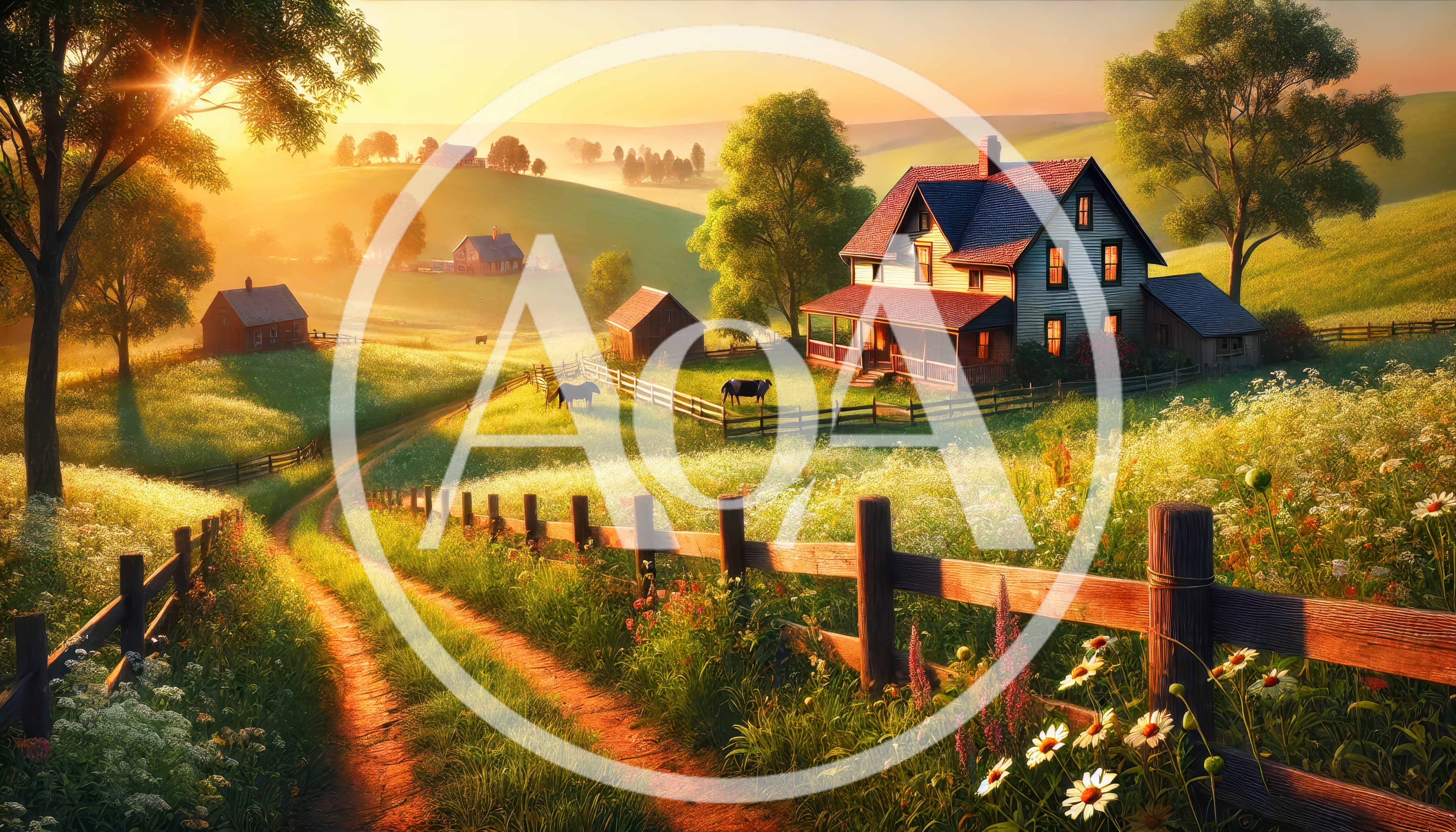 Idyllic Farmhouse Landscape at Golden Hour