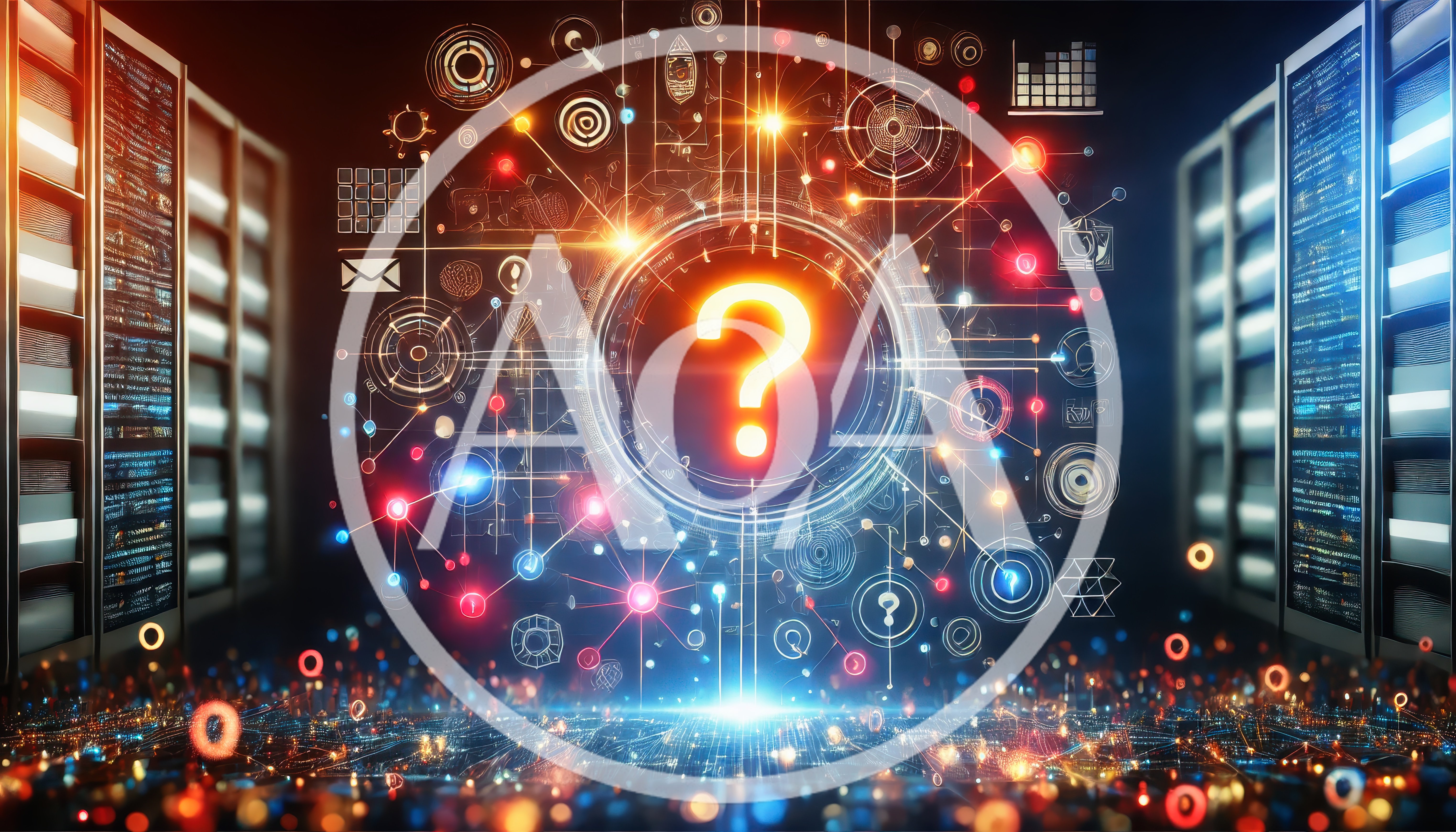 Digital Data Center With Glowing Question Mark Interface