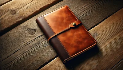 Leather Bound Journal Resting On Rustic Wooden Table