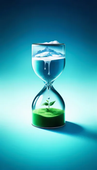 Conceptual Hourglass With Melting Glacier And Growing Plant