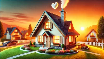 Cozy Suburban House at Sunset with Heart Smoke