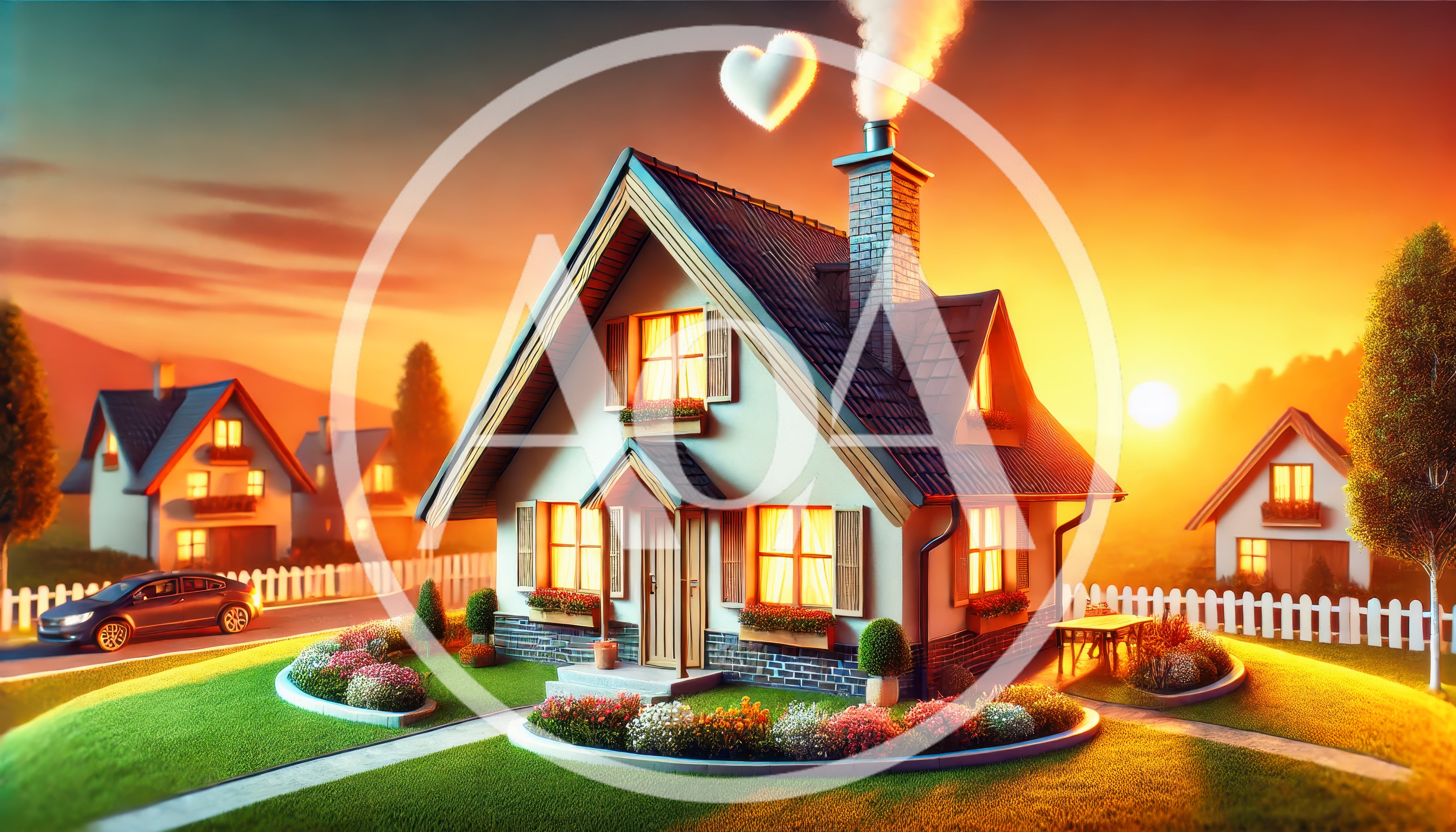 Cozy Suburban House at Sunset with Heart Smoke