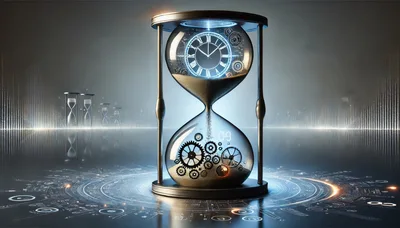 Futuristic Hourglass With Clock Face And Mechanical Gears