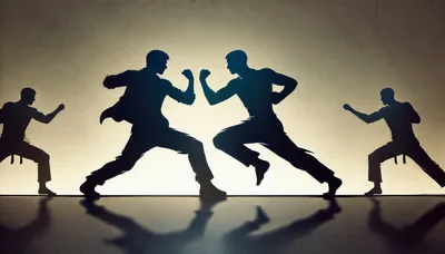 Silhouettes Of Martial Artists Sparring In A Studio