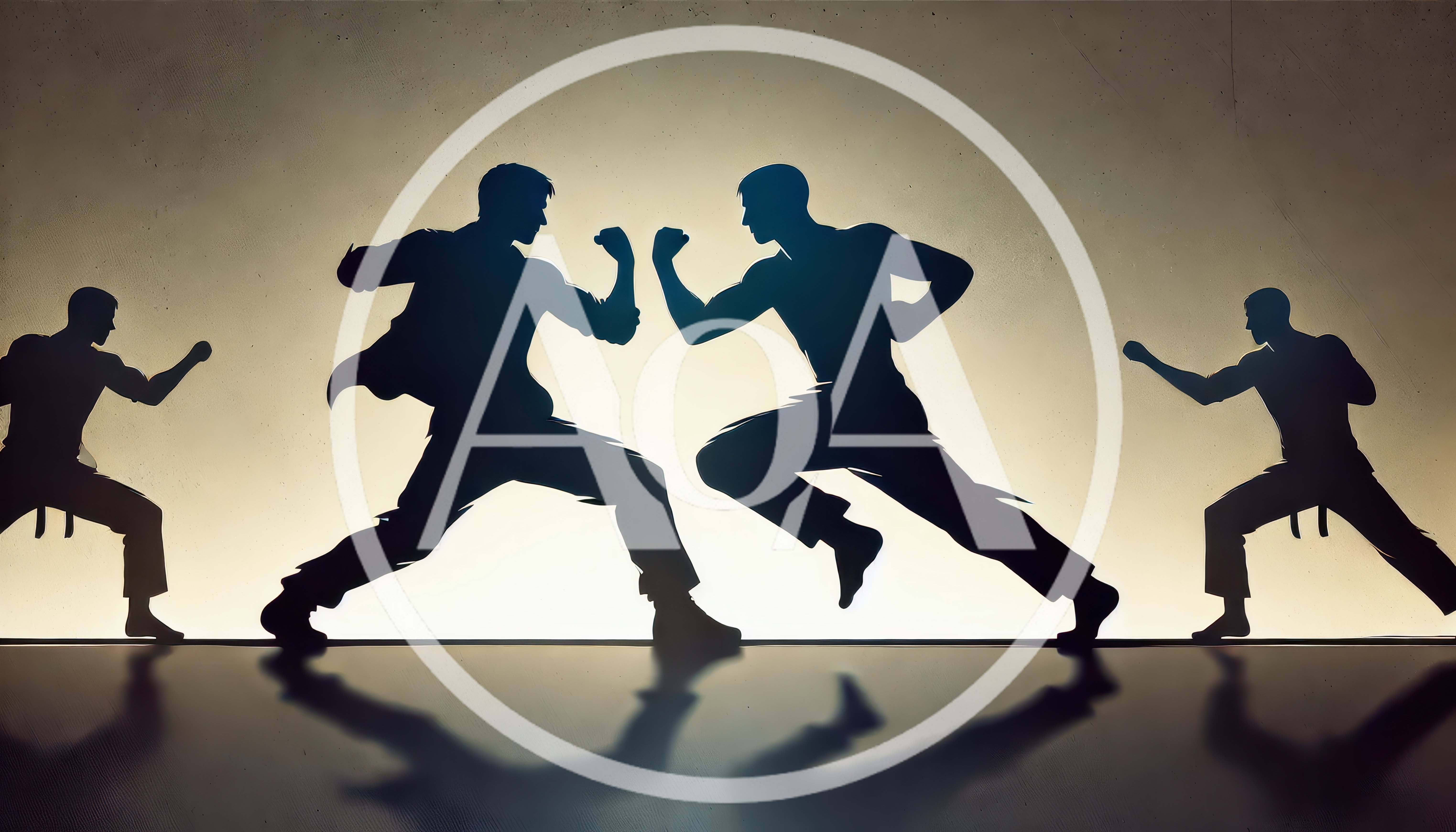 Silhouettes Of Martial Artists Sparring In A Studio