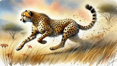 Watercolor Illustration Of A Cheetah Running In The Savannah