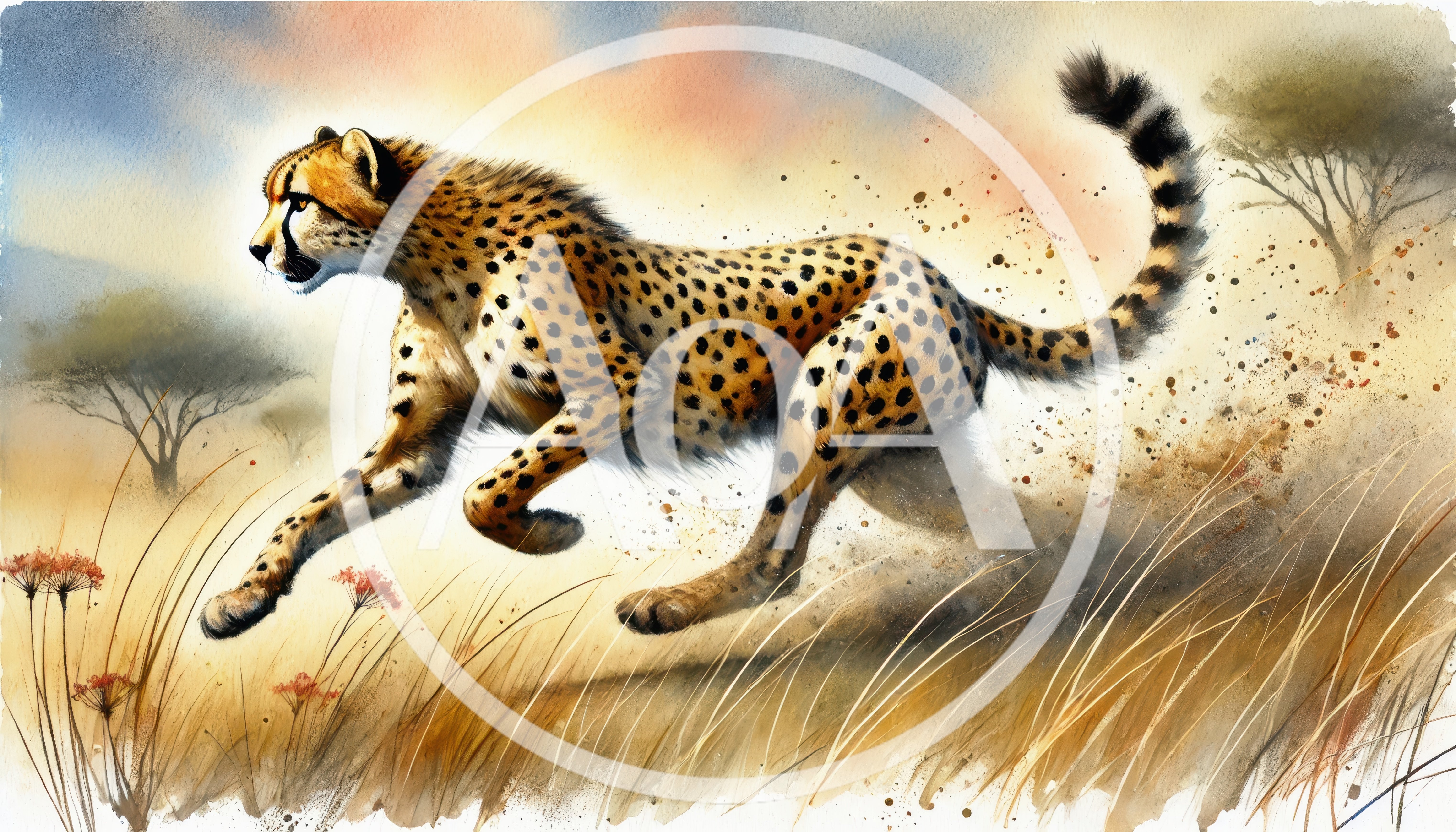 Watercolor Illustration Of A Cheetah Running In The Savannah