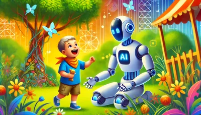 Happy Boy Interacting With Friendly AI Robot In Garden