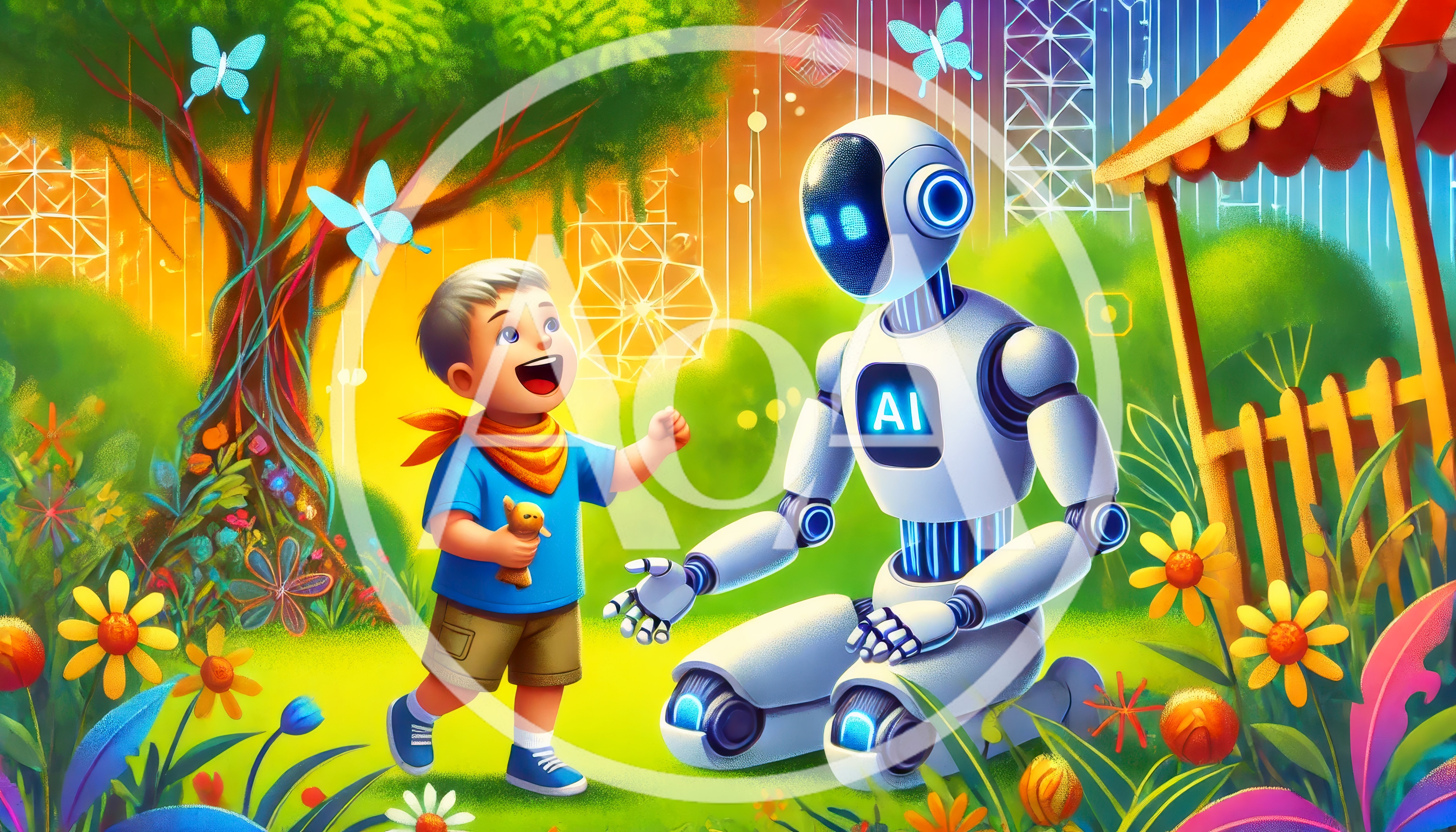 Happy Boy Interacting With Friendly AI Robot In Garden