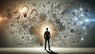 Businessman Standing Before Complex Abstract Idea Wall