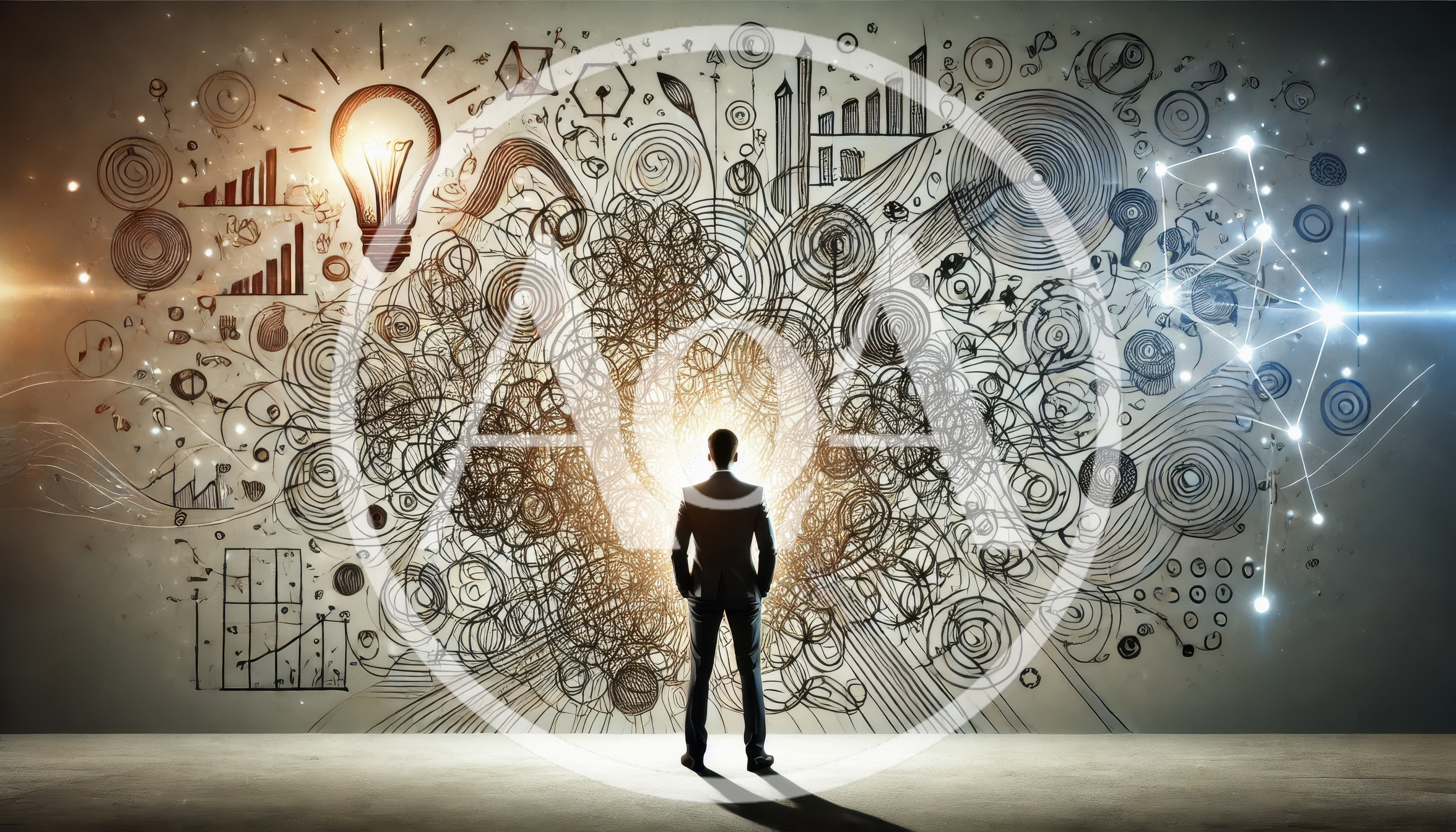 Businessman Standing Before Complex Abstract Idea Wall