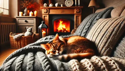 Ginger Cat Sleeping on a Cozy Knitted Blanket