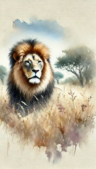 Majestic Male Lion In African Savanna Watercolor Painting