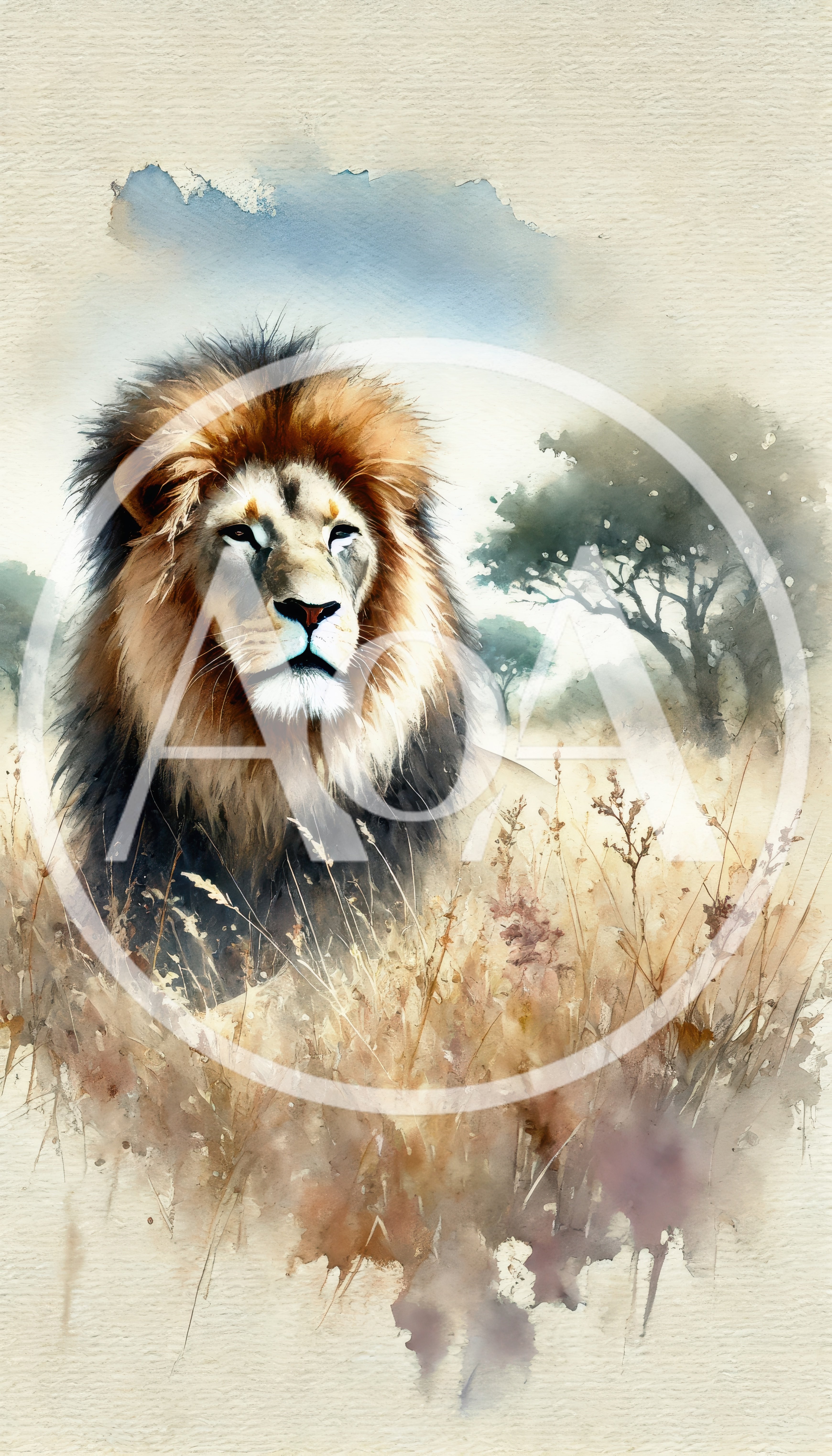 Majestic Male Lion In African Savanna Watercolor Painting