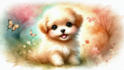 Cute Fluffy Puppy With Butterflies In Watercolor Style