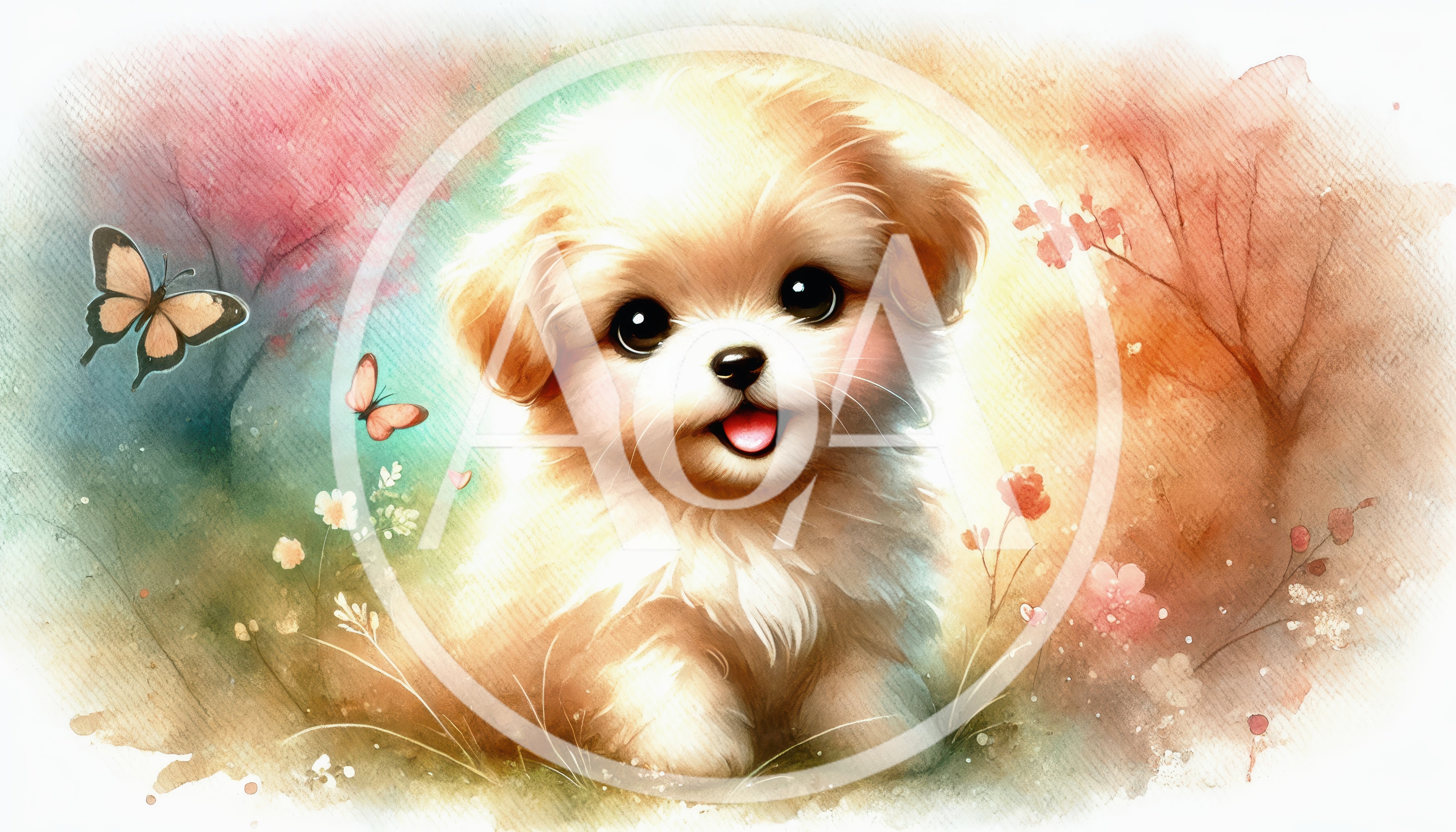 Cute Fluffy Puppy With Butterflies In Watercolor Style