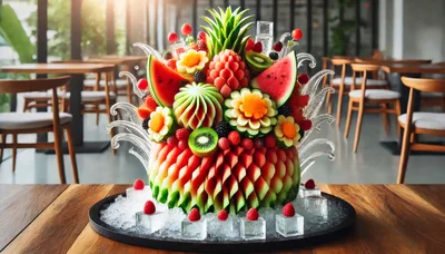 Elaborate Fruit Carving Display On Ice