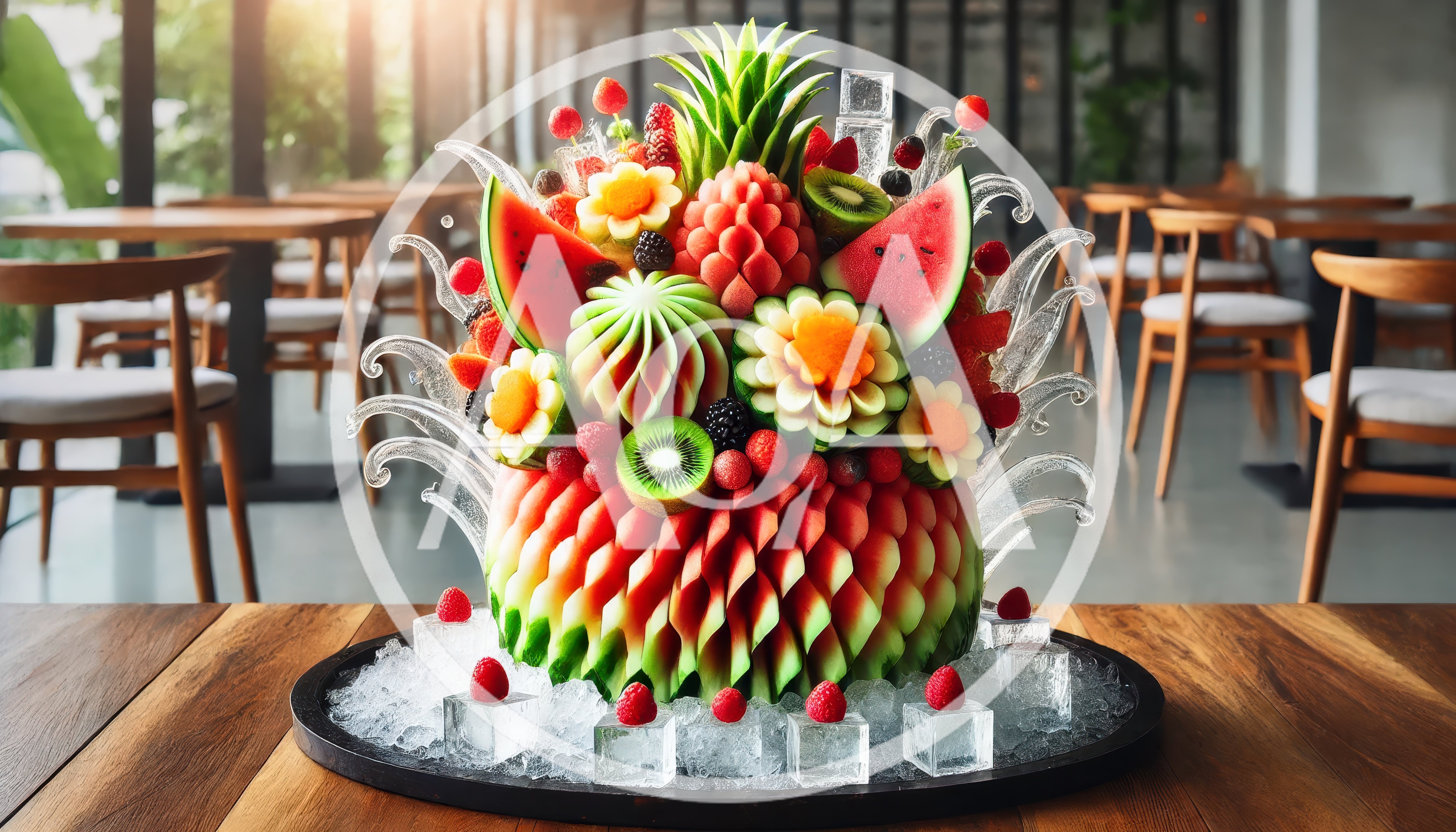 Elaborate Fruit Carving Display On Ice