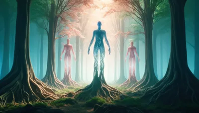 Ethereal Humanoid Figures Merging With Forest Tree Roots