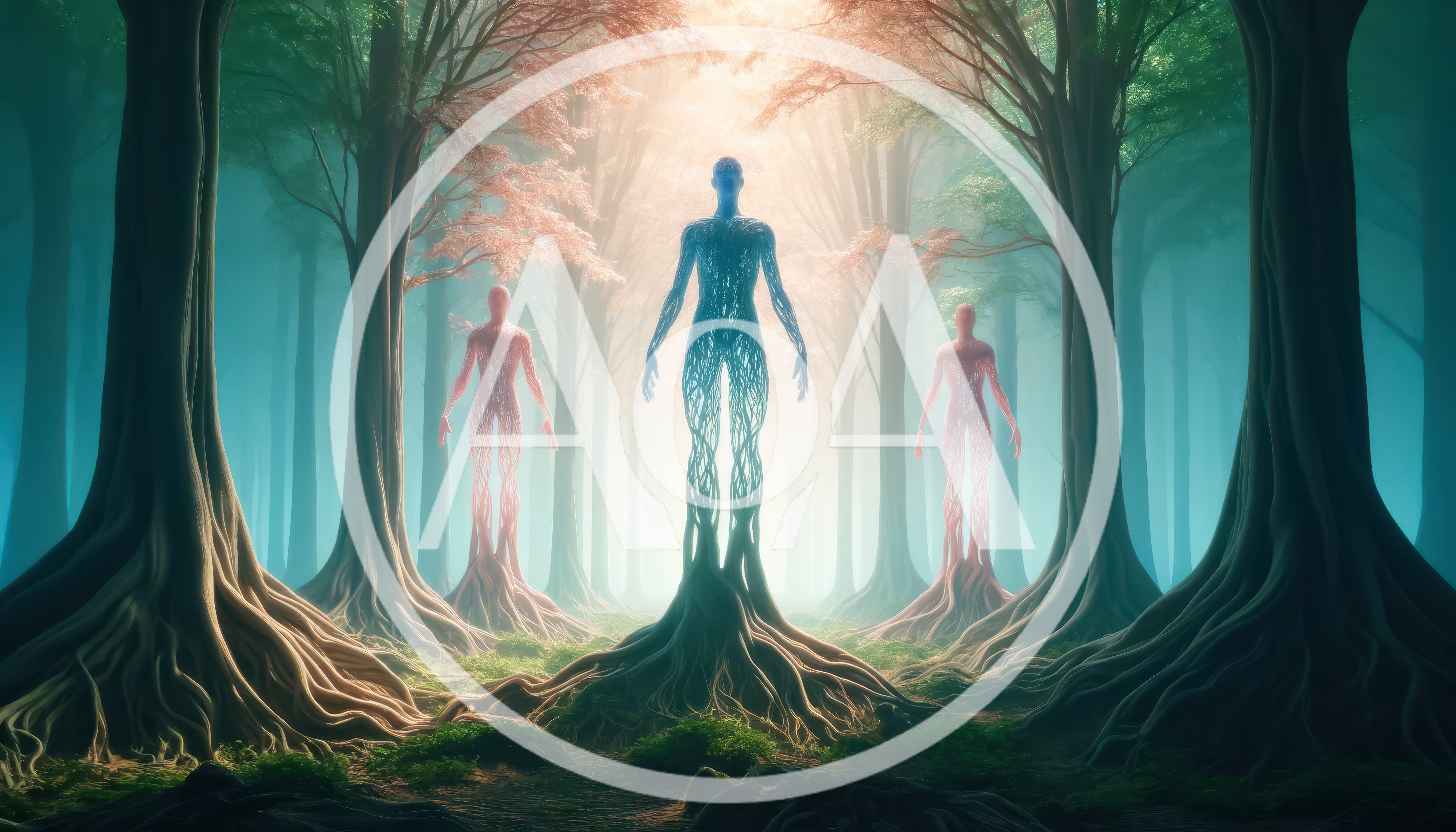 Ethereal Humanoid Figures Merging With Forest Tree Roots