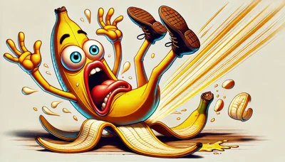 Cartoon Banana Character Slipping On A Peel