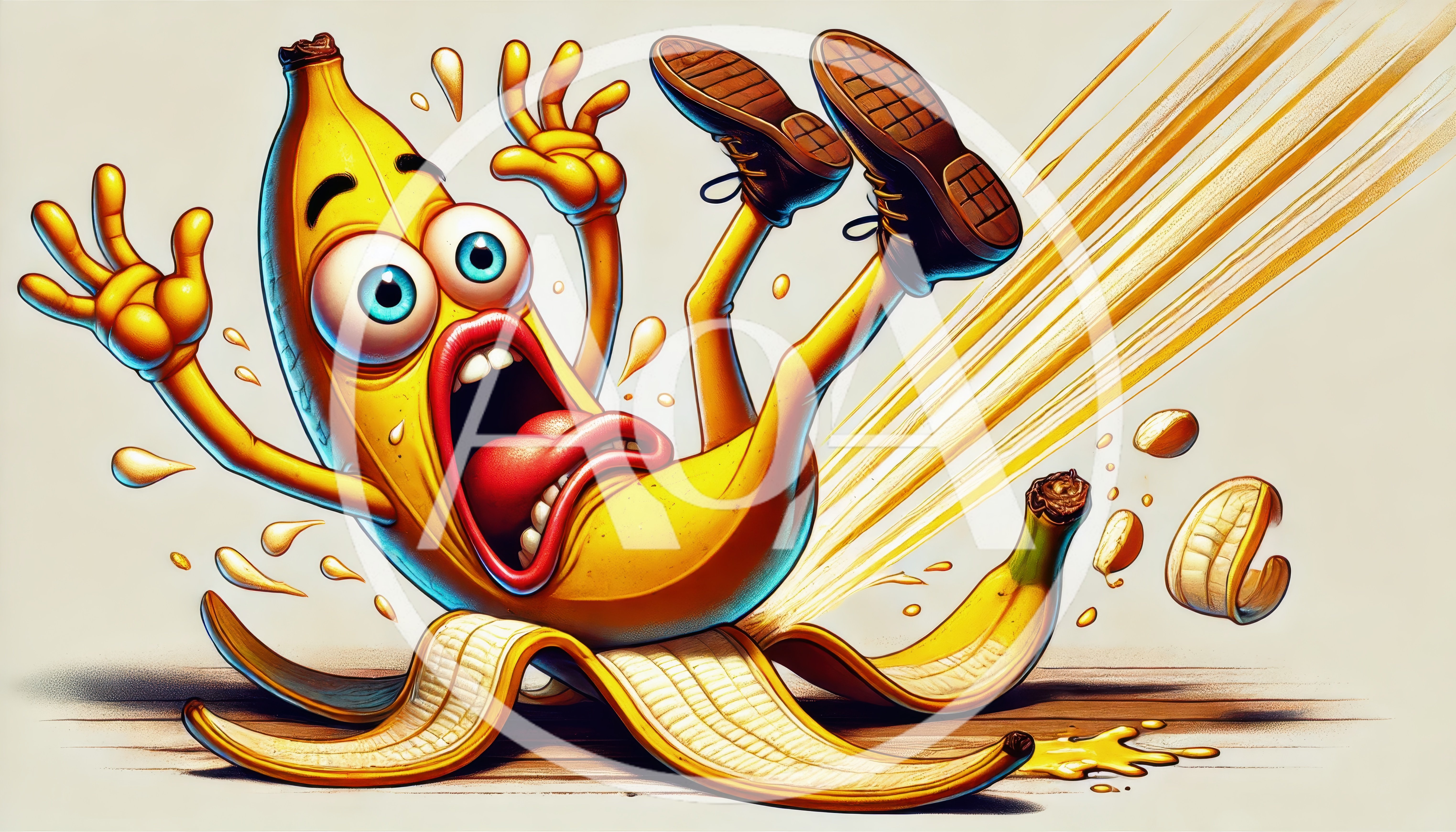 Cartoon Banana Character Slipping On A Peel