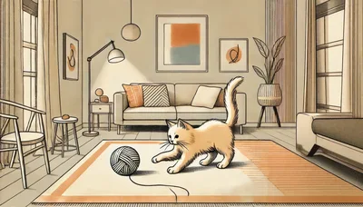 Cute Kitten Playing With Yarn Ball In Living Room