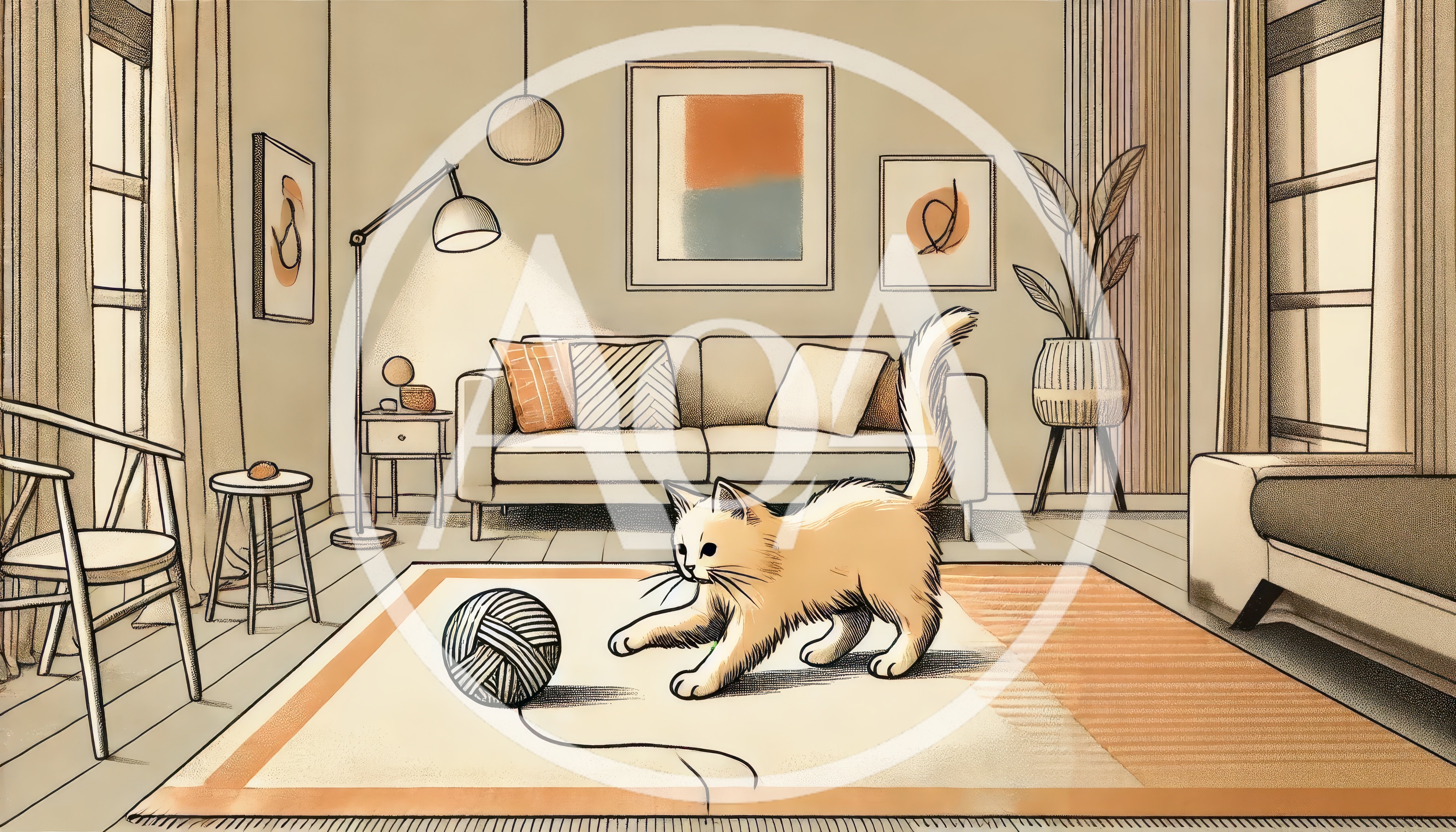 Cute Kitten Playing With Yarn Ball In Living Room