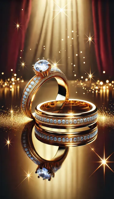 Two Elegant Gold Diamond Rings On Reflective Surface