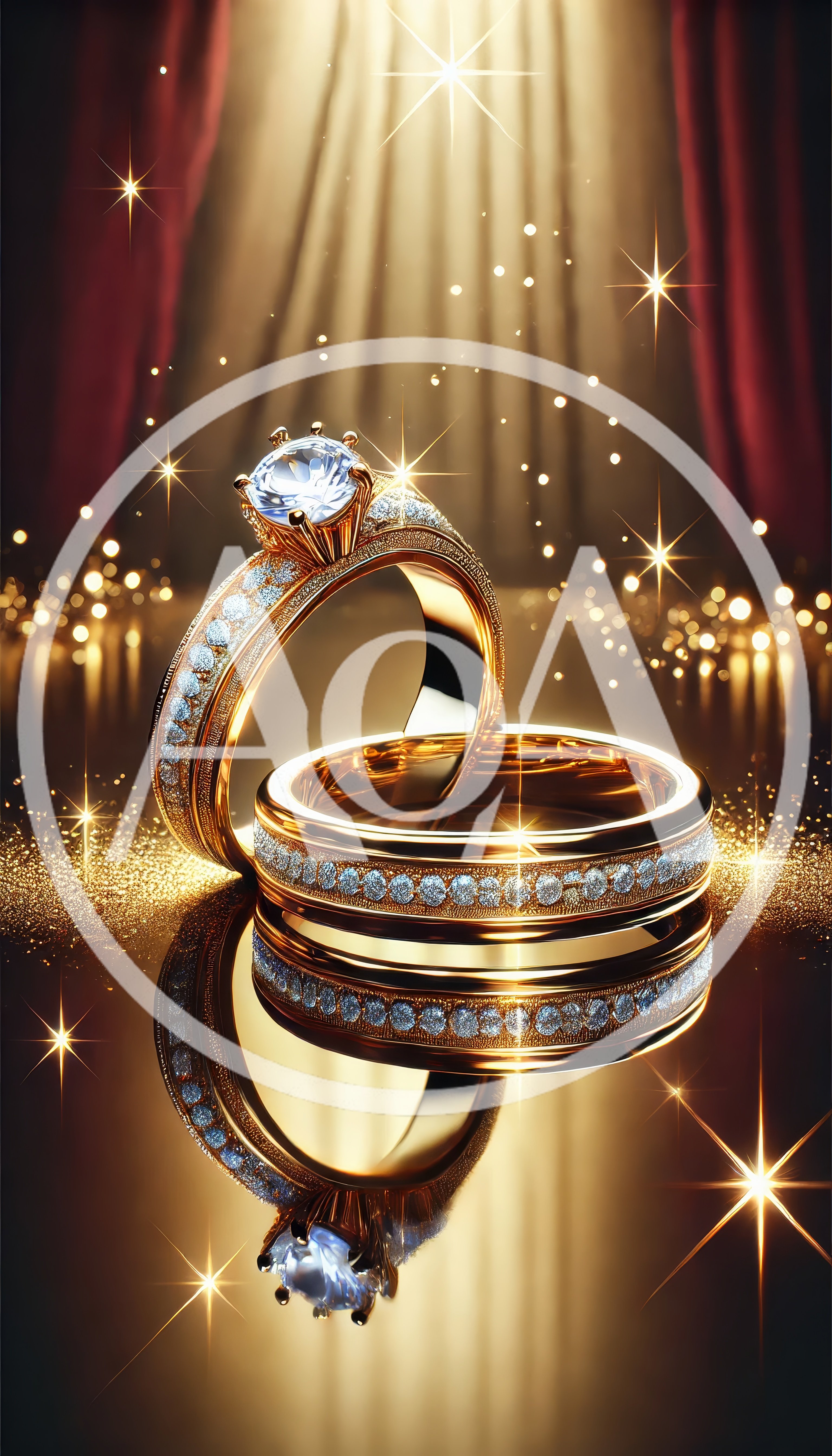 Two Elegant Gold Diamond Rings On Reflective Surface