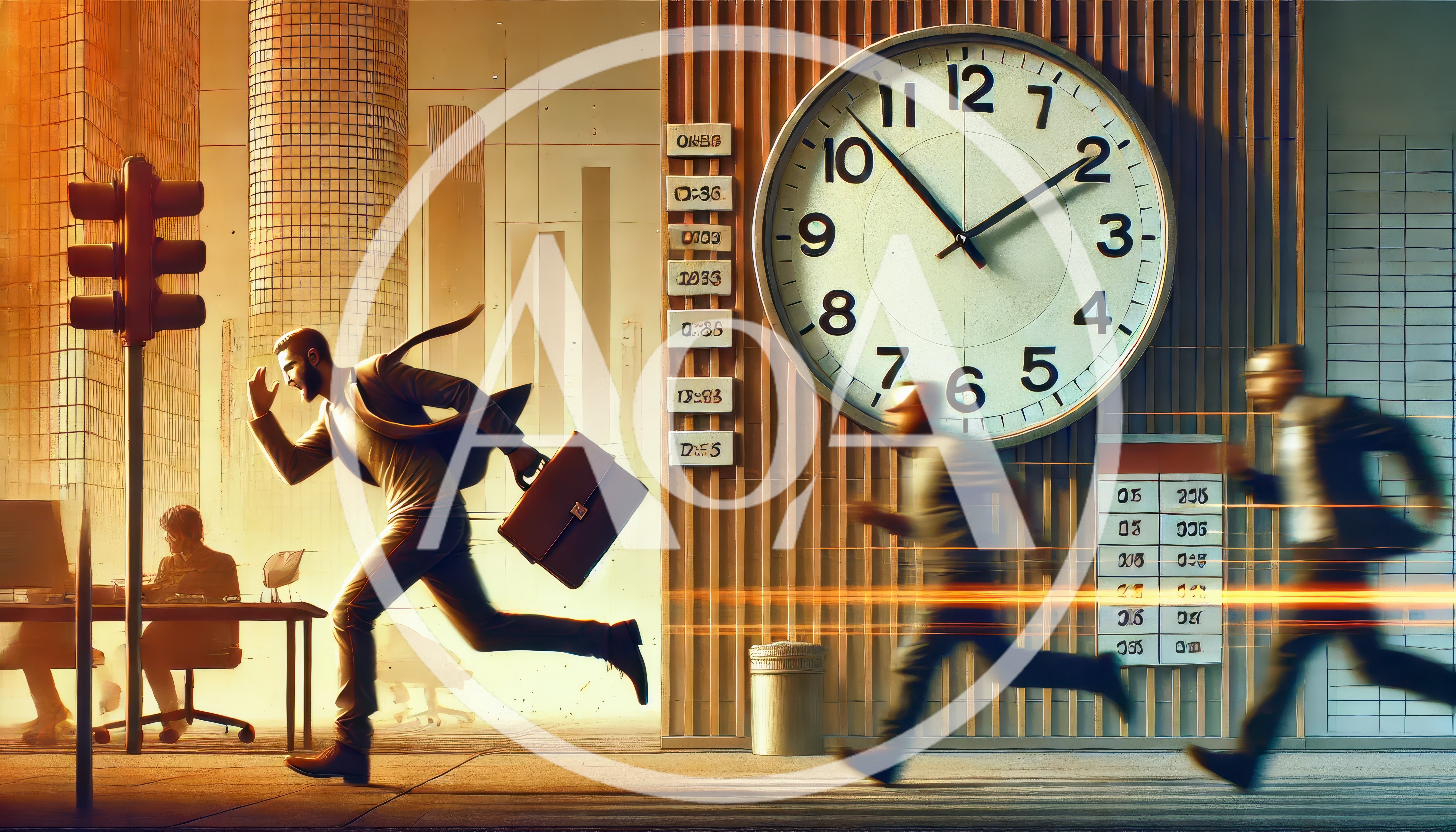 Businessmen Running Through Office Hallway