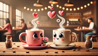 Cute Anthropomorphic Coffee Cups On A Cafe Table