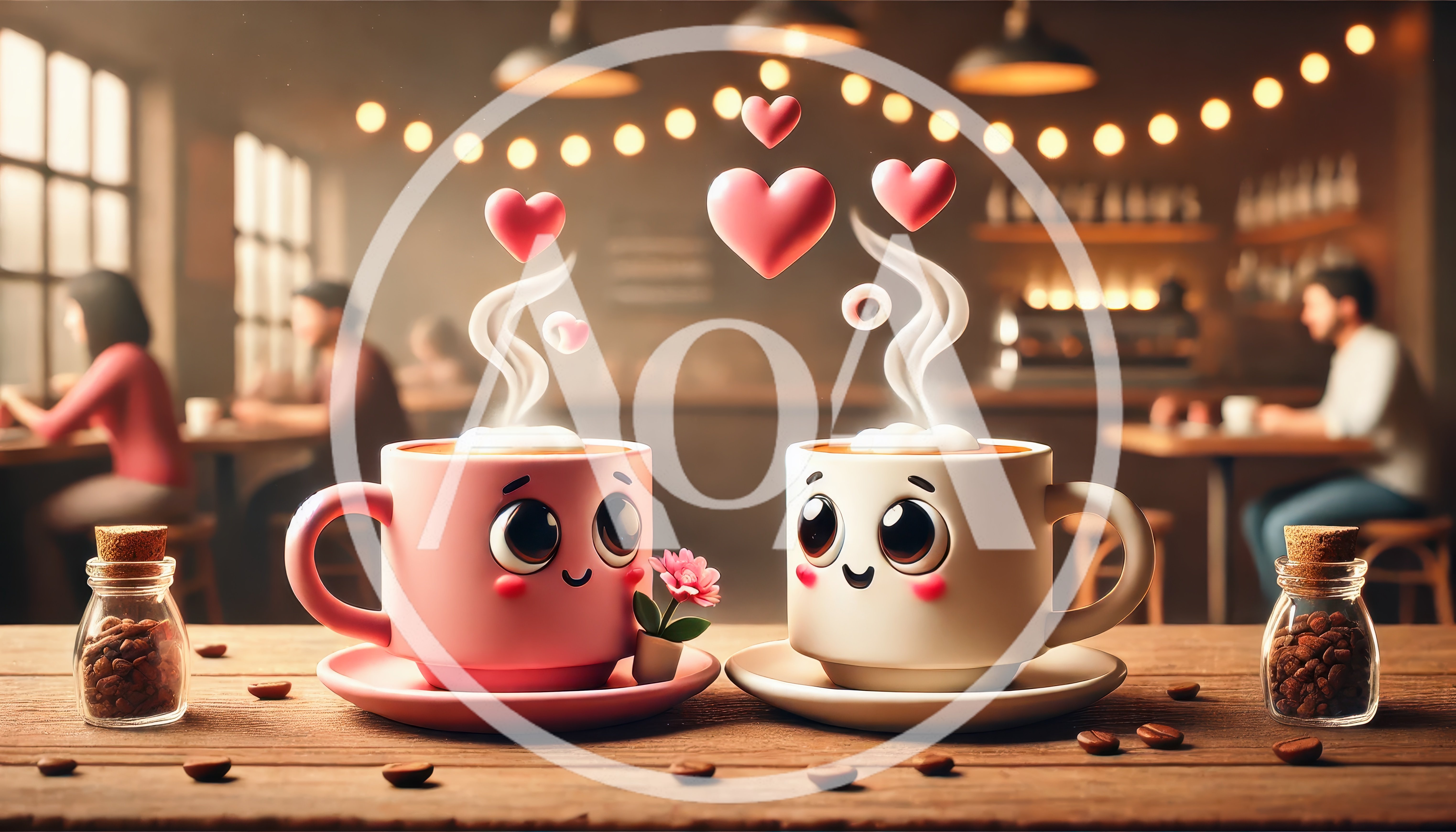 Cute Anthropomorphic Coffee Cups On A Cafe Table