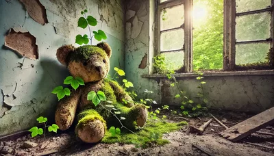 Moss Covered Teddy Bear In Abandoned Room